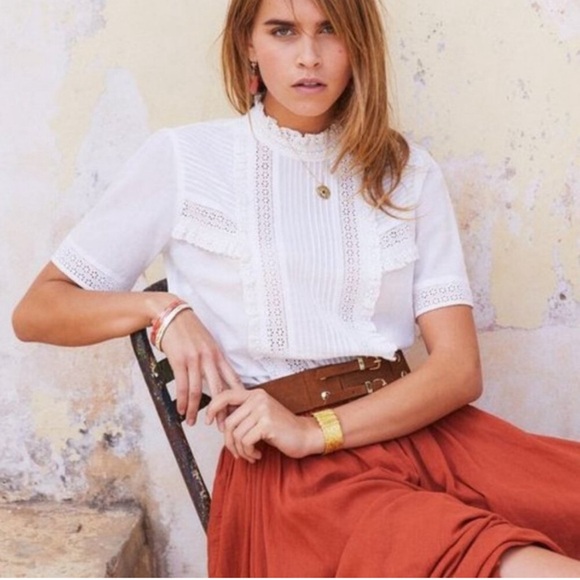 Sezane Anne Lace Ruffle Button Back White Short Sleeve Blouse Size 38 French 6 - Picture 1 of 4